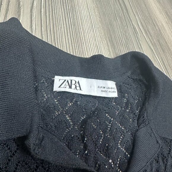 Zara Black Lace Collared Long Sleeve Top Medium Romantic Chic - Picture 3 of 6